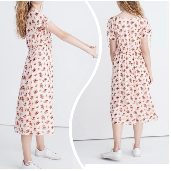 Madewell Dresses & Skirts - Madewell Sz-4 Midi Dress Tie Sleeve Ruffle Waist Countryside‎ Blooms Pink Floral